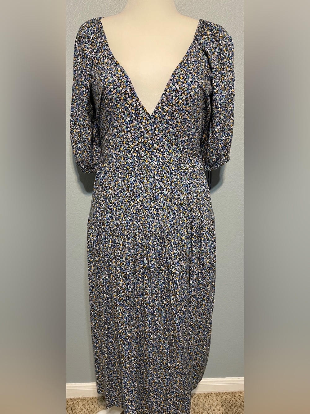 Old Navy Floral Wrap Blue Midi Dress Tiered Boho Cottagecore Prairie Medium